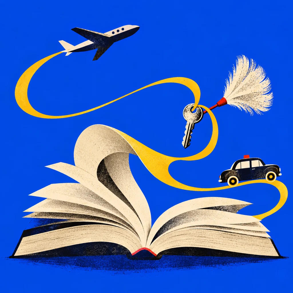 Ilustração editorial colorida de um livro aberto, um avião, uma chave e uma roda, unidos por uma trilha.