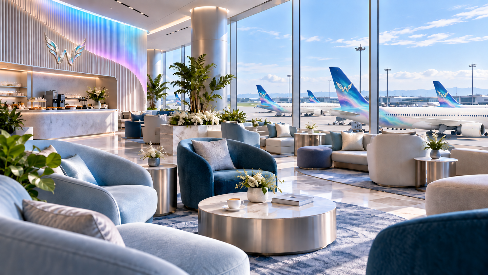 Concept image of an airport lounge overlooking iridescently painted aircraft.