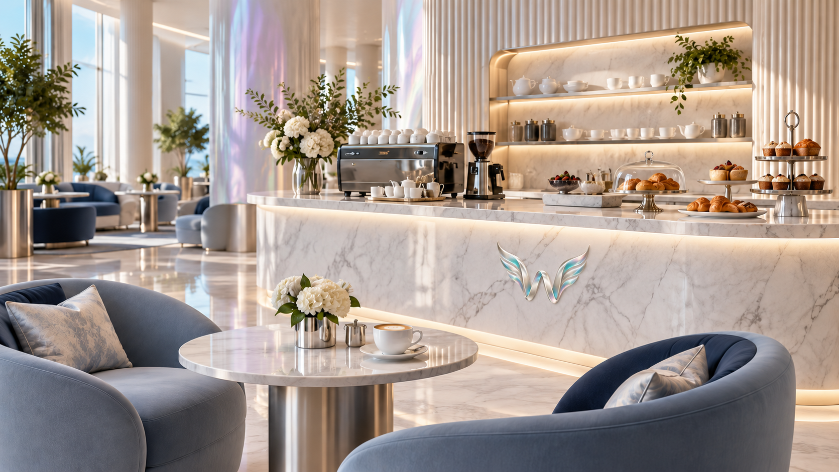 A pearl-white lounge café with coffee, pastries and brushed silver details.
