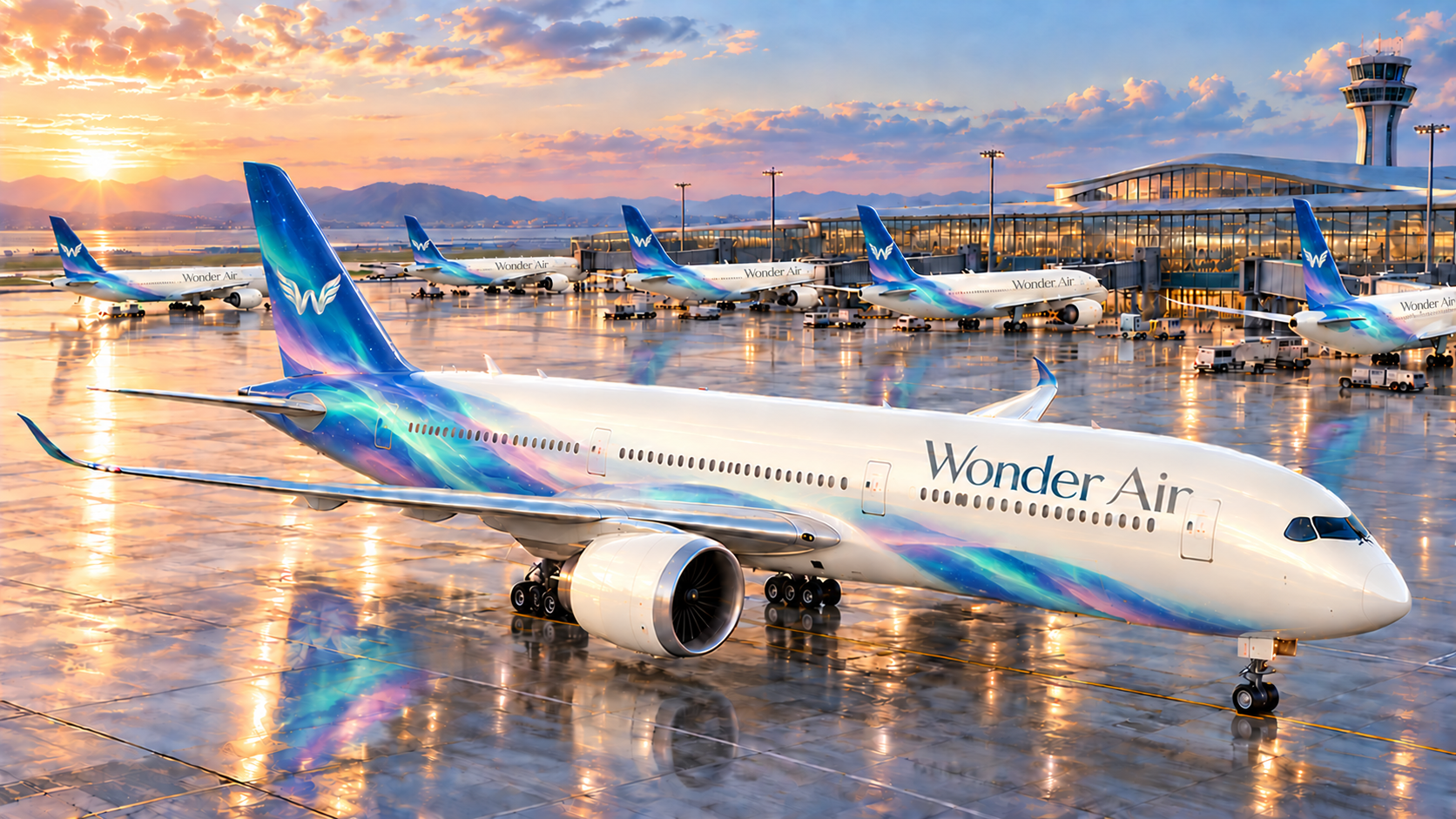 The pearl-white Wonder Air fleet at sunset